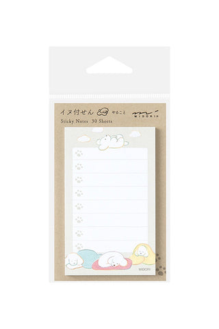 Midori sticky notes pad with fluffy dog illustration and paw prints, 30 sheets