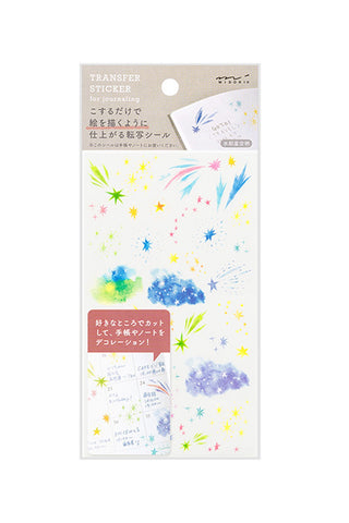 Starry sky transfer stickers sheet with blue, purple, and starburst patterns