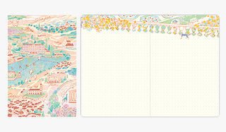 B6 dot grid notebook open, left illustrated panel and two blank dotted pages