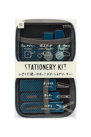 Midori XS mini stationery kit case in teal mesh organizer, shown in packaging