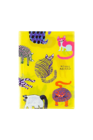 A5 6-pocket file folder with colorful cat illustrations on bright yellow