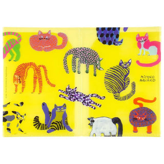 A5 6-pocket file folder with bright yellow cat pattern and dotted fabric look