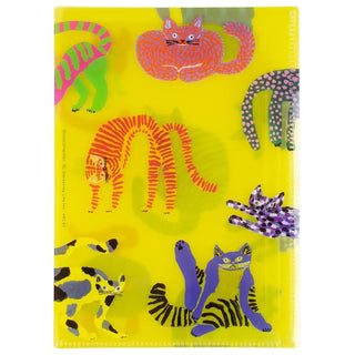 A5 6-pocket file folder, bright yellow with orange and purple striped cat print