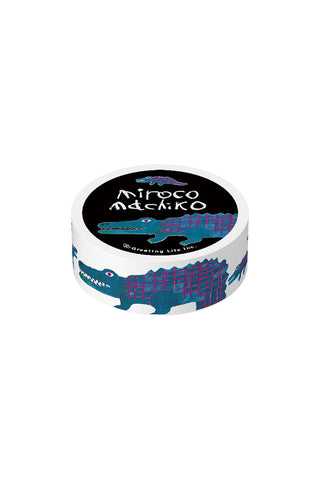 Masking tape roll with crocodile-style graphic, blue and black printed design