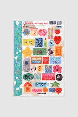 Colorful sticker sheet with hearts, numbers, and shapes, assorted designs
