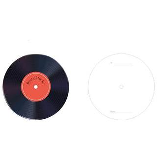 Dark record message disc with 'Best of luck' label and blank white tag insert