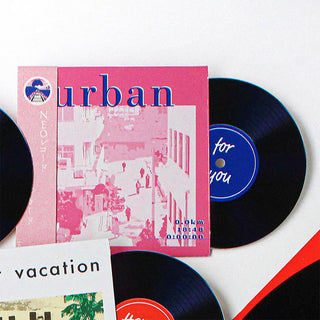 Pink urban record message card with skyline print and 'for you' vinyl label