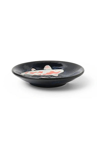 Dark blue sauce dish with koi fish artwork and shallow rim