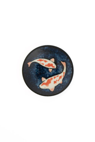 Round dark blue koi sauce dish with two fish pattern, shallow bowl