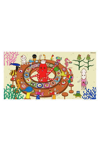 11x17 sushi chef art print with colorful characters around a round sushi platter