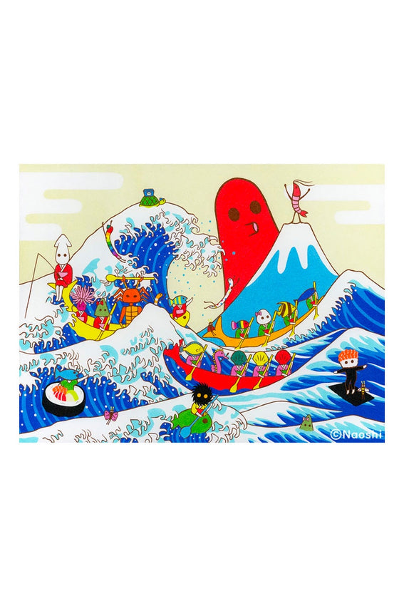 Naoshi 13x19 art print, colorful wave with boats and red squid-like figure
