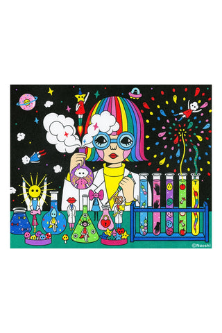 Laboratory-themed cartoon art print with scientist, rainbow, test tubes and rocket