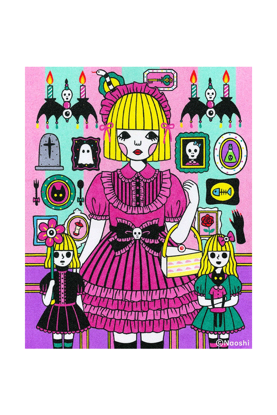 Gothic girls art print: central blonde girl in pink striped dress with candles and icons