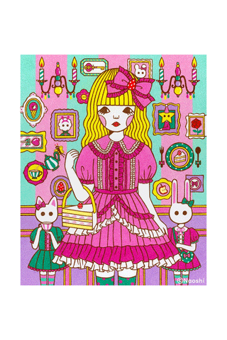 Naoshi 8x10 art print: girl in pink ruffled dress with rabbits and candles
