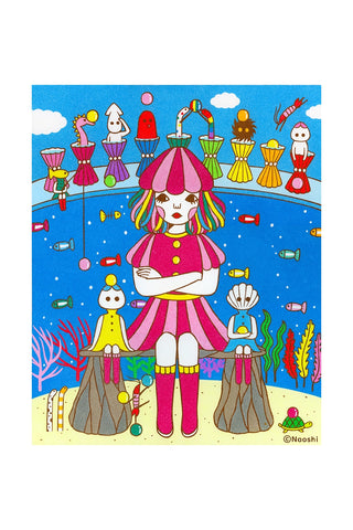 Colorful art print of a crowned woman holding cups, surrounded by small cup icons