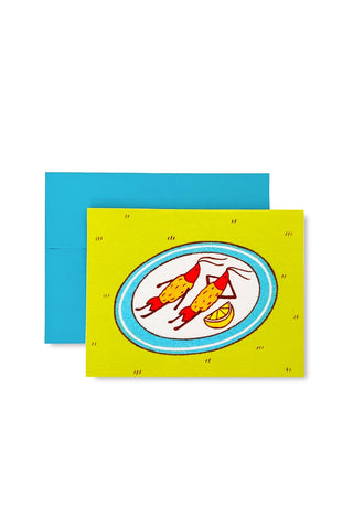 Illustrated yellow greeting card with shrimp characters inside a blue oval border