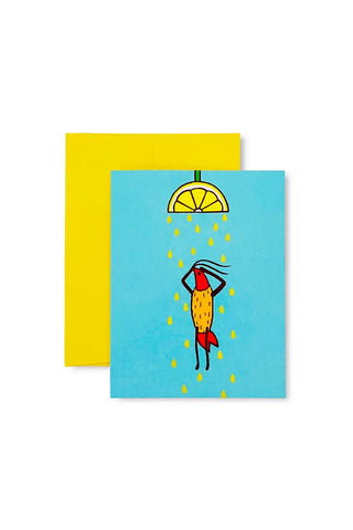 Naoshi lemon shower greeting card, blue with umbrella illustration and yellow raindrops