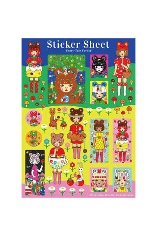 Colorful sticker sheet with cute forest characters, bears, dolls, and trees