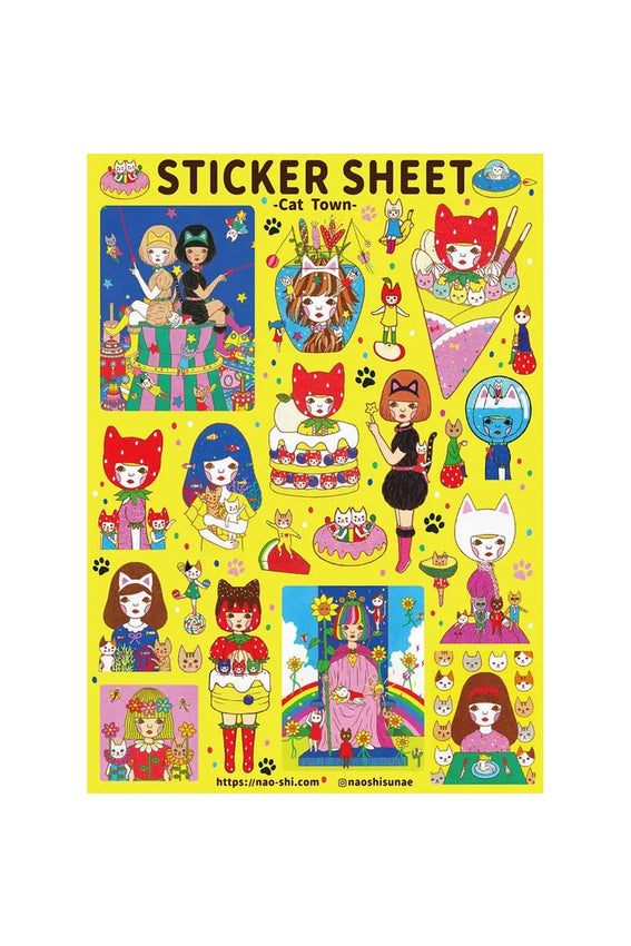 Naoshi Cat Town sticker sheet with colorful cartoon cats and character figures