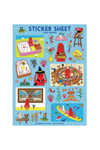 Colorful sticker sheet with cartoon sea creatures and characters