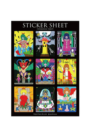 Tarot sticker sheet with nine colorful illustrated characters on a dark background