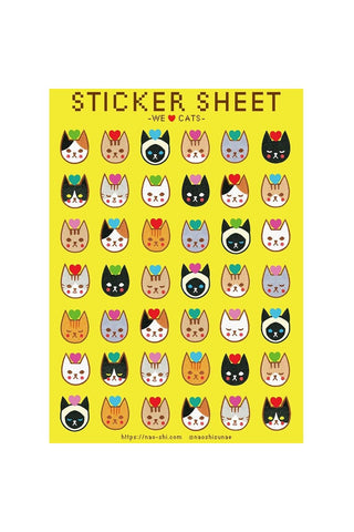 Cat-themed sticker sheet with 20+ small cat face designs on a yellow background