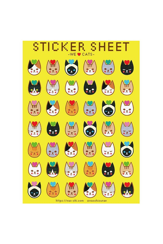 Cat-themed sticker sheet with 20+ small cat face designs on a yellow background