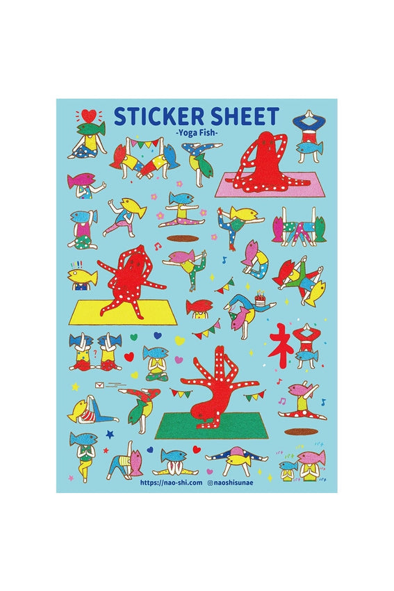 Yoga fish sticker sheet with cartoon fish practicing various yoga poses