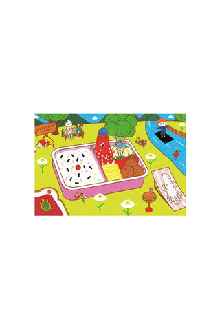 Tako-themed postcard showing red tako in a garden with a tray of food