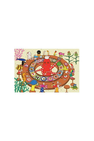 Tako-themed postcard with red tako at center of colorful circular food scene