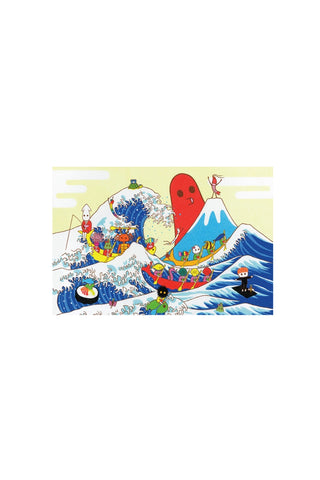 Naoshi Tako postcard with red tako mascot riding a blue wave