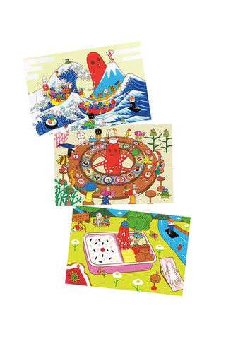 Three Tako postcards collage: wave, circular food, and garden tray artwork