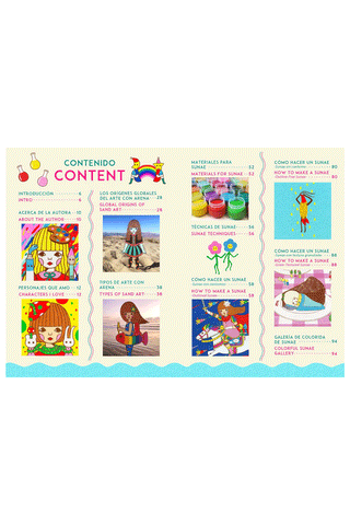 Illustrated art book content page with character panels and craft instructions layout