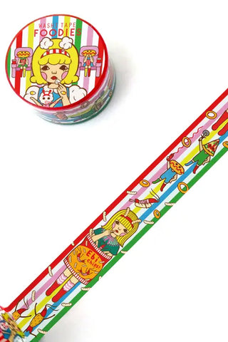 Decorative washi tape with red border, cartoon foodie characters and gift icons