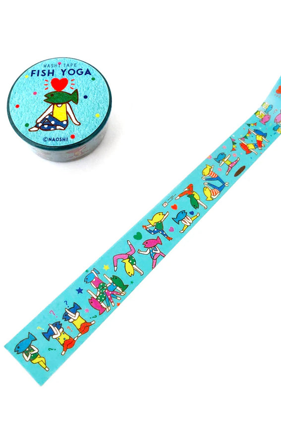 Washi tape roll and strip with fish yoga characters on turquoise background