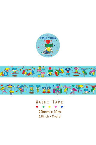 Fish yoga washi tape roll with character strip; 20mm x 10m, 0.8in x 11yd shown