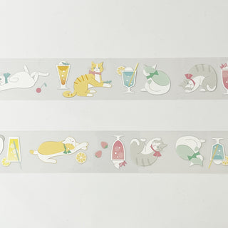 Curing tape strip with repeating cats and drinks, mint, yellow, and teal accents
