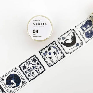 Blue-and-white cat tile decorative washi tape strip, unrolled