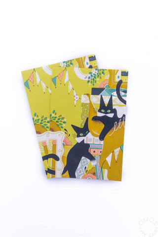 Illustrated cat postcard set with yellow background, cats, flowers, and geometric shapes