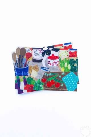 Colorful illustrated postcard with black cat thief and stationery objects collage