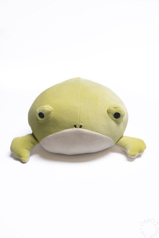 Small plush frog hugging pillow, lime-green with white belly and embroidered face