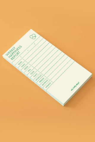 Weekly happiness report notepad, cream lined sheet with green text and heart icon