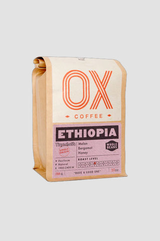 OX Coffee Ethiopia whole bean coffee bag with kraft paper and orange logo