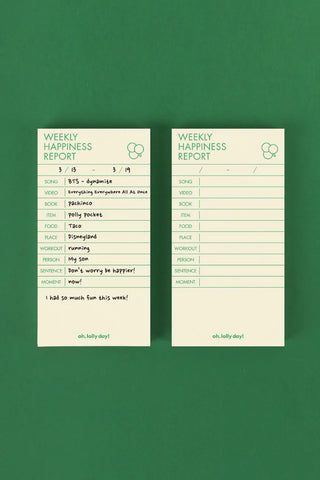 Weekly happiness report planner cards, two cream sheets with green section lines