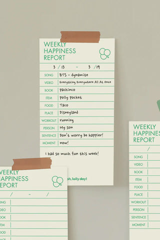 Weekly happiness report planner sheets, partially filled categories on lined paper