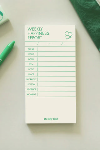 Weekly happiness report planner sheet, blank lined layout with category boxes and icon