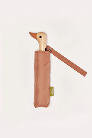 Compact duckhead umbrella with mocha-brown fabric canopy and leather-look strap
