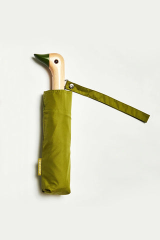 Olive compact duck umbrella folded pouch with duck head handle and wrist strap
