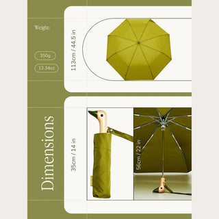 Olive compact duck umbrella set shown with folded pouch and open canopy