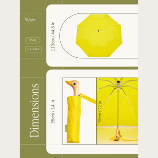 Infographic of yellow compact duck umbrella weight and dimensions
